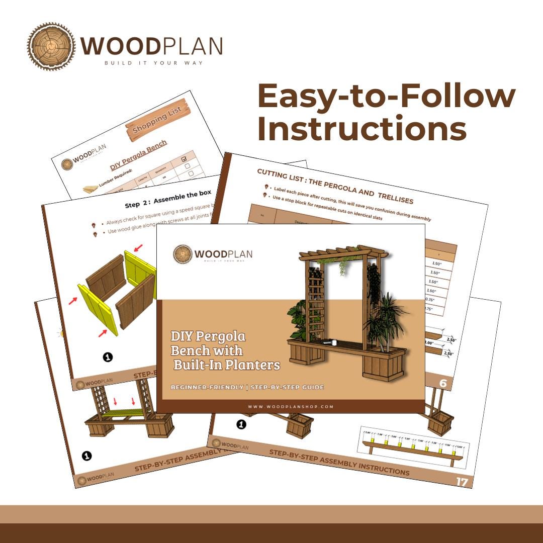 DIY Wooden Bench with Pergola and Planters – Outdoor Garden Seating & Trellis Woodworking Plan
