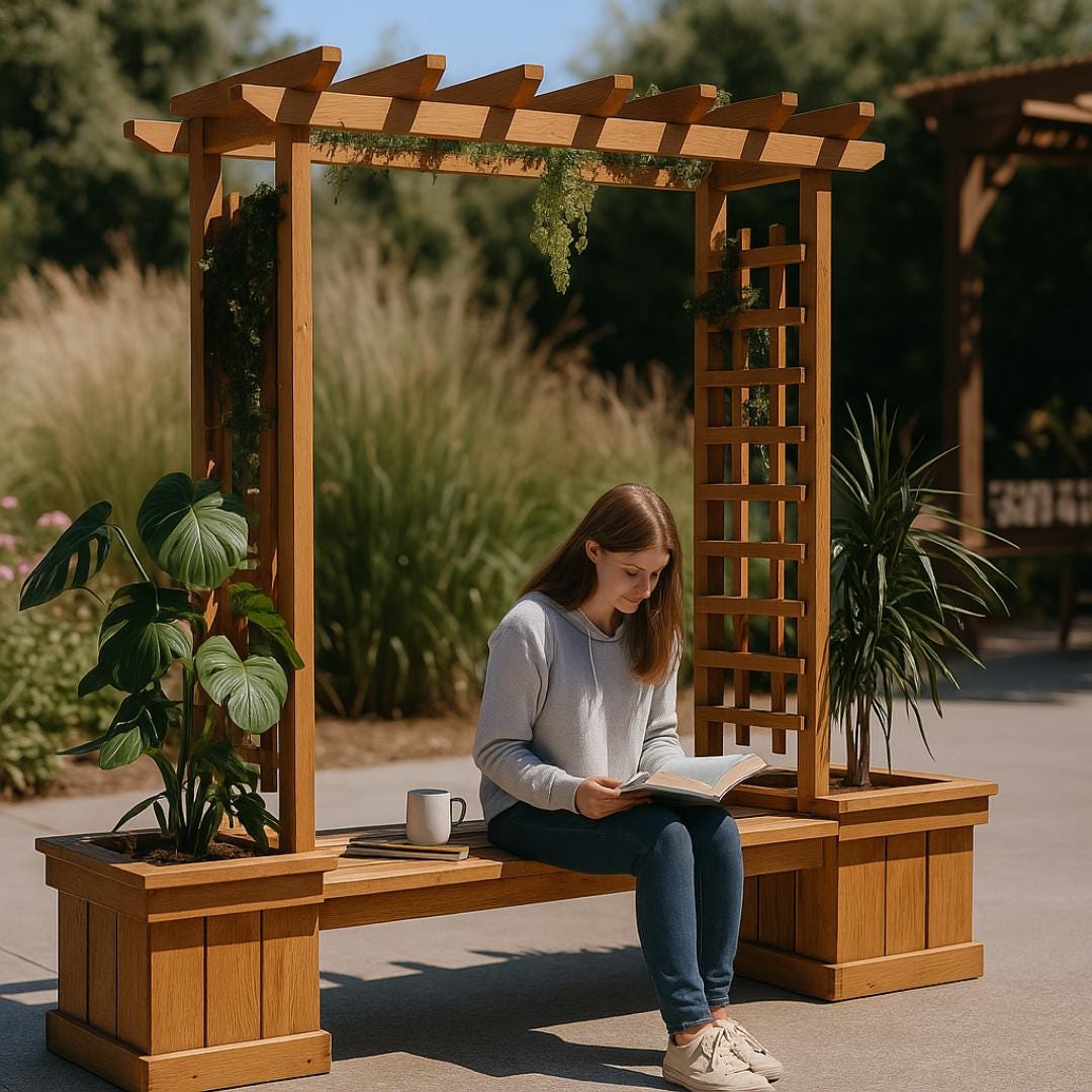 DIY Wooden Bench with Pergola and Planters – Outdoor Garden Seating & Trellis Woodworking Plan