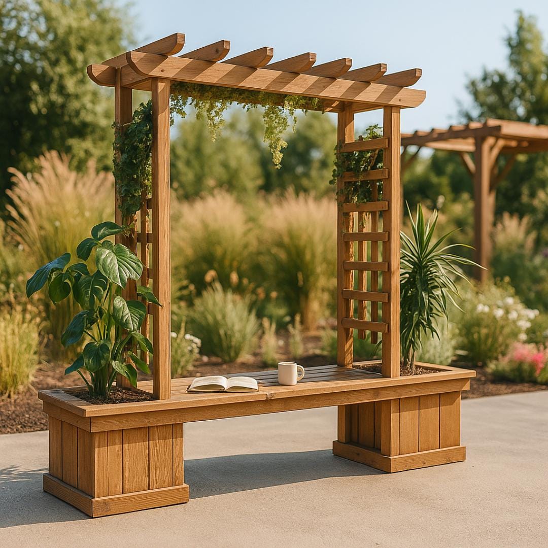 DIY Wooden Bench with Pergola and Planters – Outdoor Garden Seating & Trellis Woodworking Plan