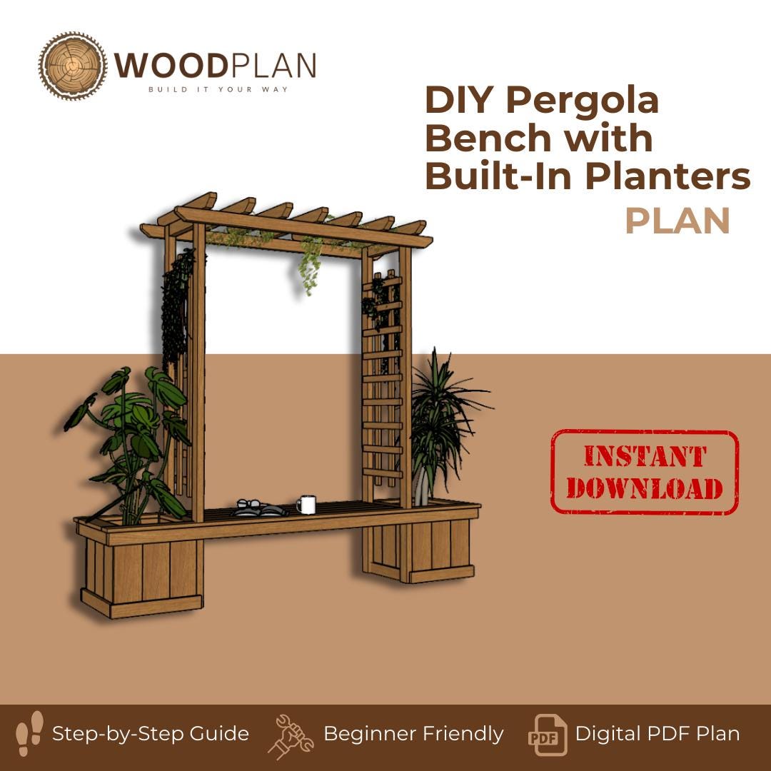 DIY Wooden Bench with Pergola and Planters – Outdoor Garden Seating & Trellis Woodworking Plan