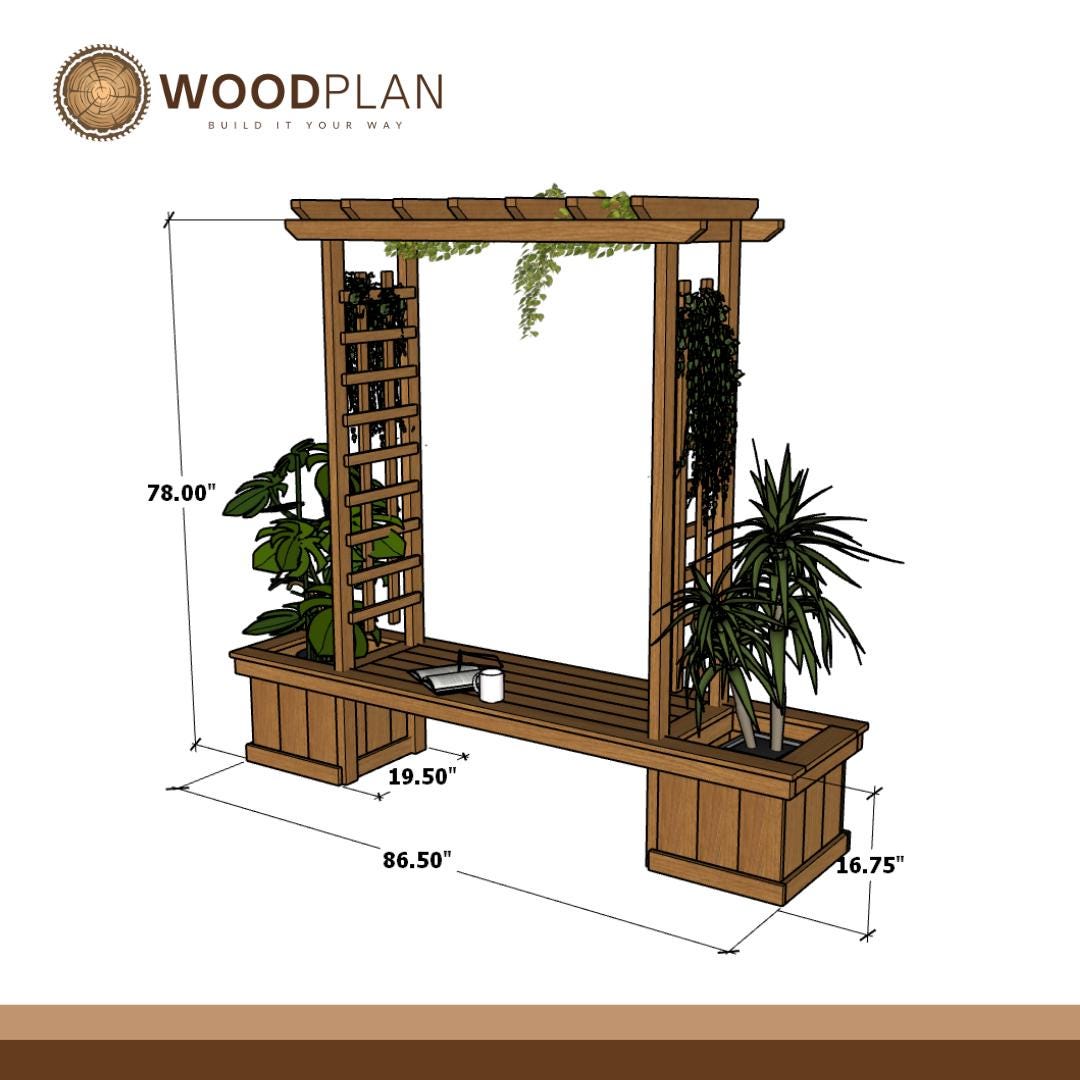 DIY Wooden Bench with Pergola and Planters – Outdoor Garden Seating & Trellis Woodworking Plan