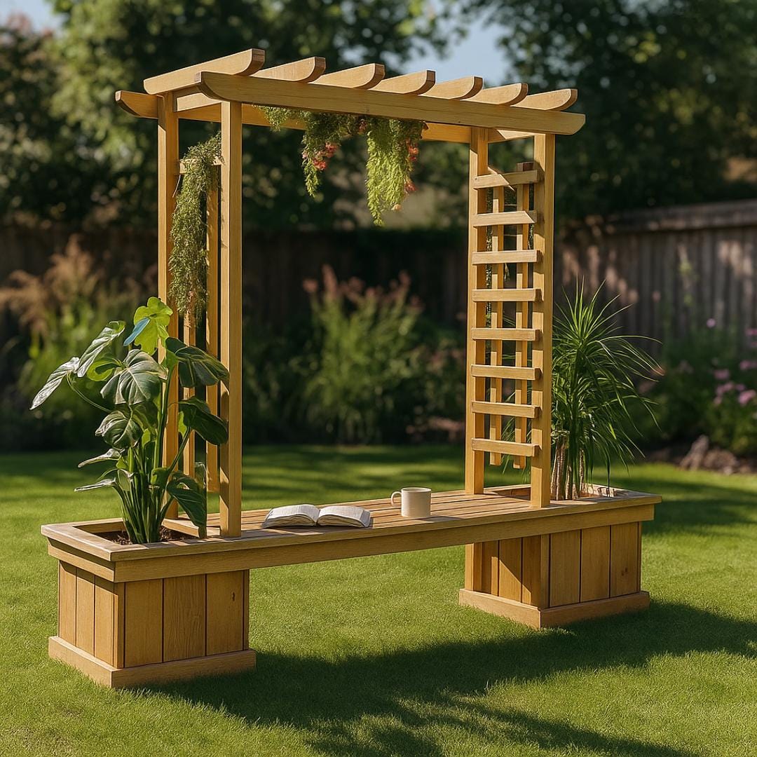 DIY Wooden Bench with Pergola and Planters – Outdoor Garden Seating & Trellis Woodworking Plan