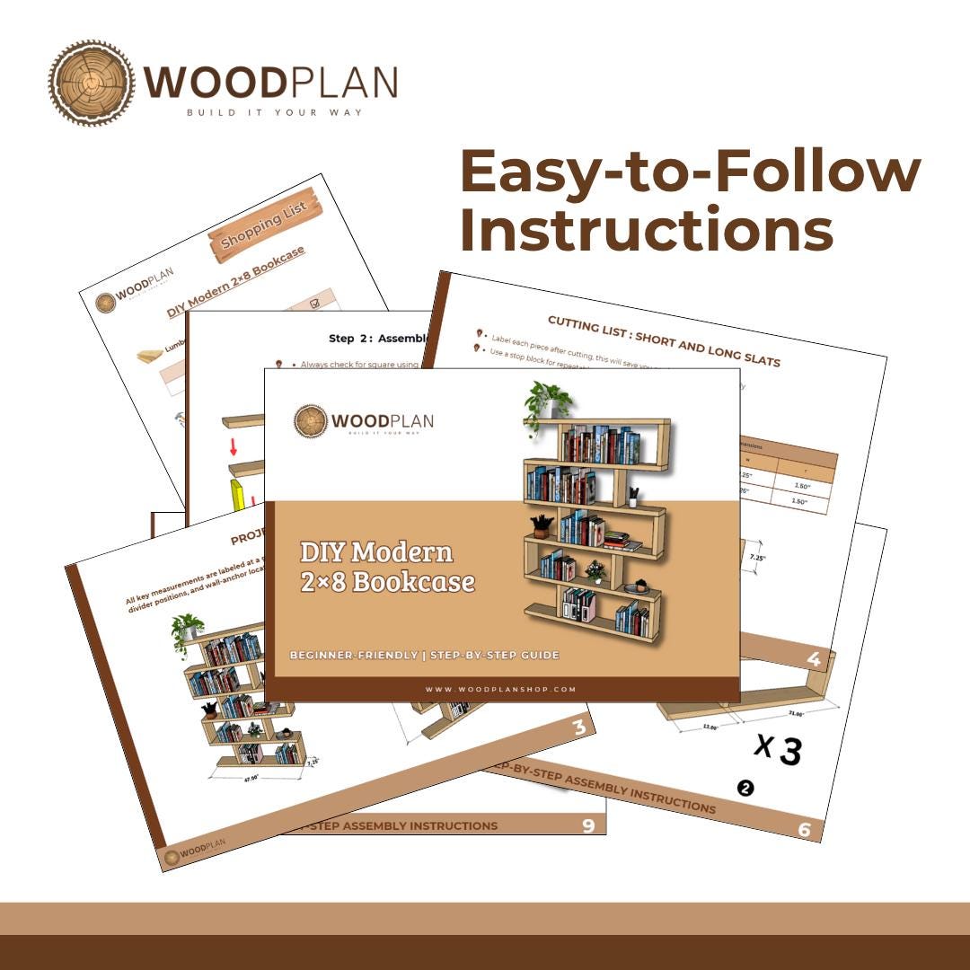 2×8 Stacked Bookcase Plan PDF | Modern Offset Shelves | Beginner DIY Woodworking
