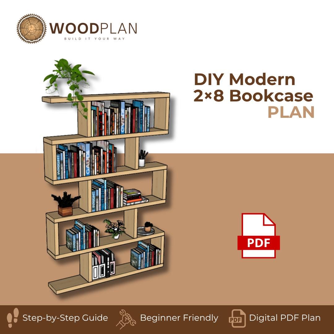 2×8 Stacked Bookcase Plan PDF | Modern Offset Shelves | Beginner DIY Woodworking