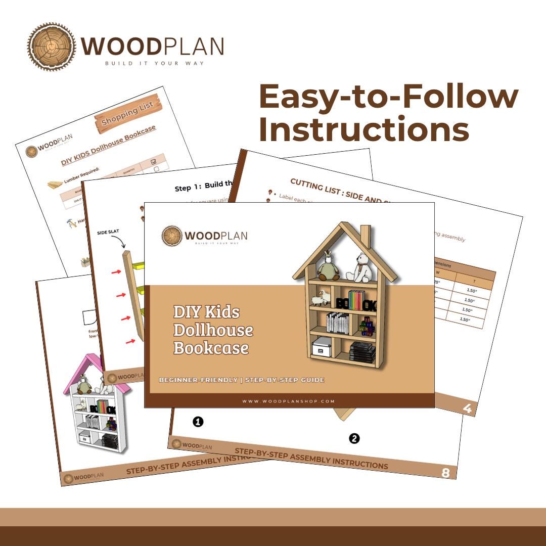 Kids Dollhouse Bookcase Plan PDF | House‑Shaped Shelf for Books and Toys | Beginner DIY