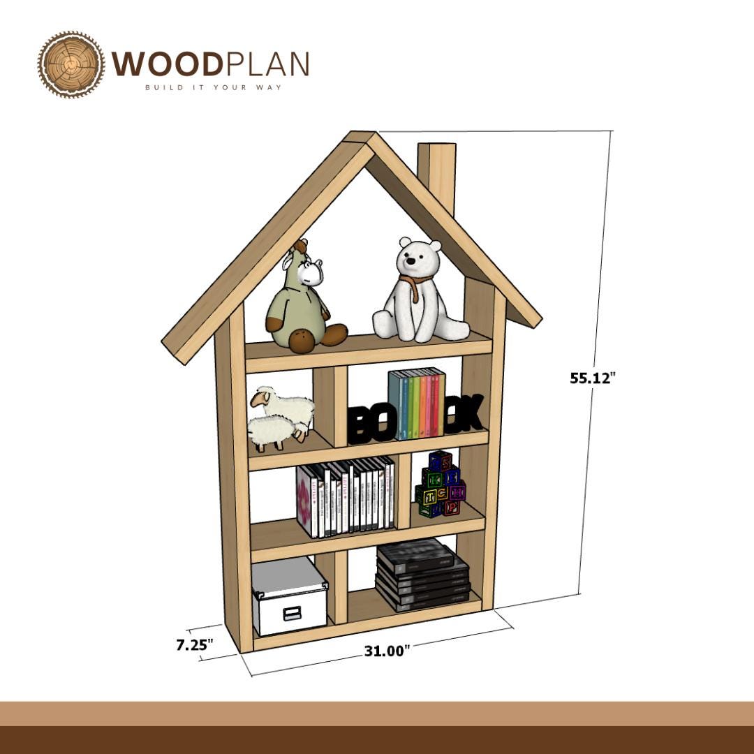 Kids Dollhouse Bookcase Plan PDF | House‑Shaped Shelf for Books and Toys | Beginner DIY