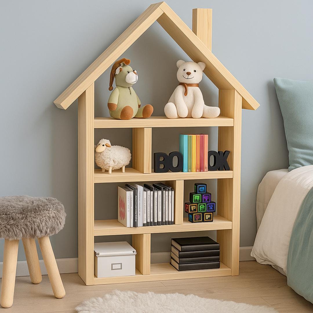 Kids Dollhouse Bookcase Plan PDF | House‑Shaped Shelf for Books and Toys | Beginner DIY
