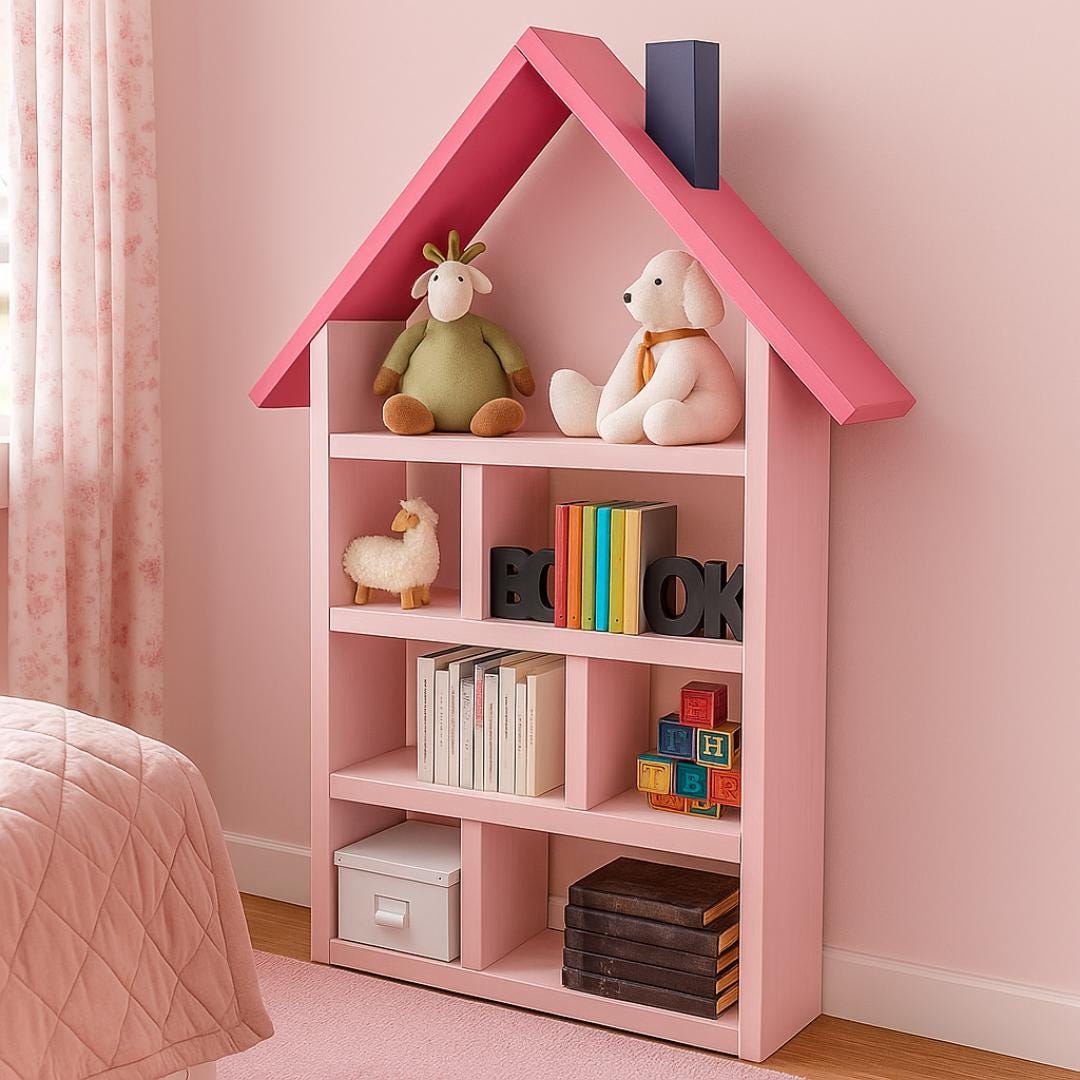 Kids Dollhouse Bookcase Plan PDF | House‑Shaped Shelf for Books and Toys | Beginner DIY