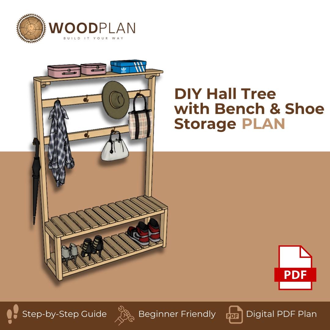 DIY Hall Tree Woodworking Plan: Entryway Organizer with Bench (PDF)