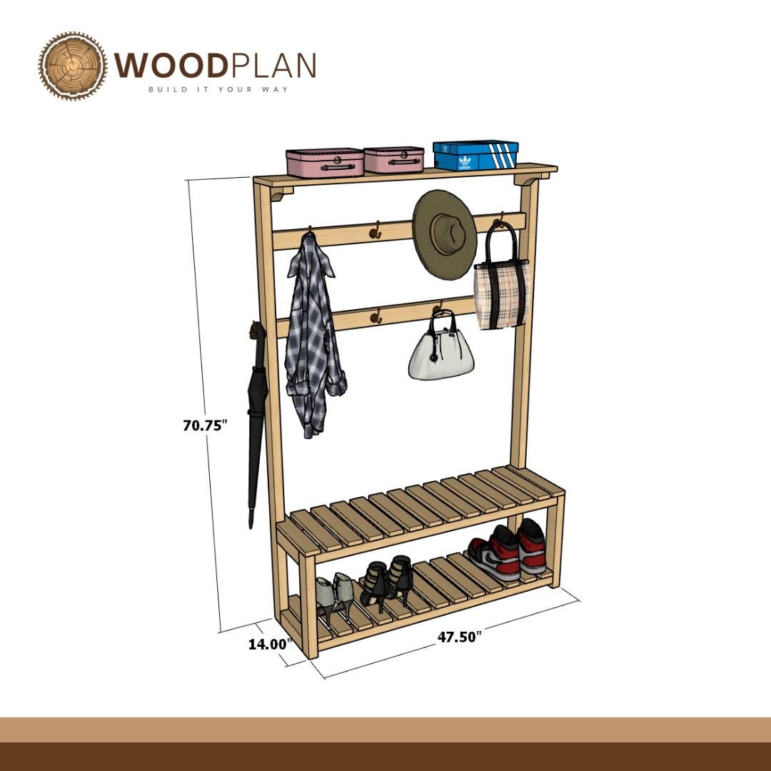 DIY Hall Tree Woodworking Plan: Entryway Organizer with Bench (PDF)