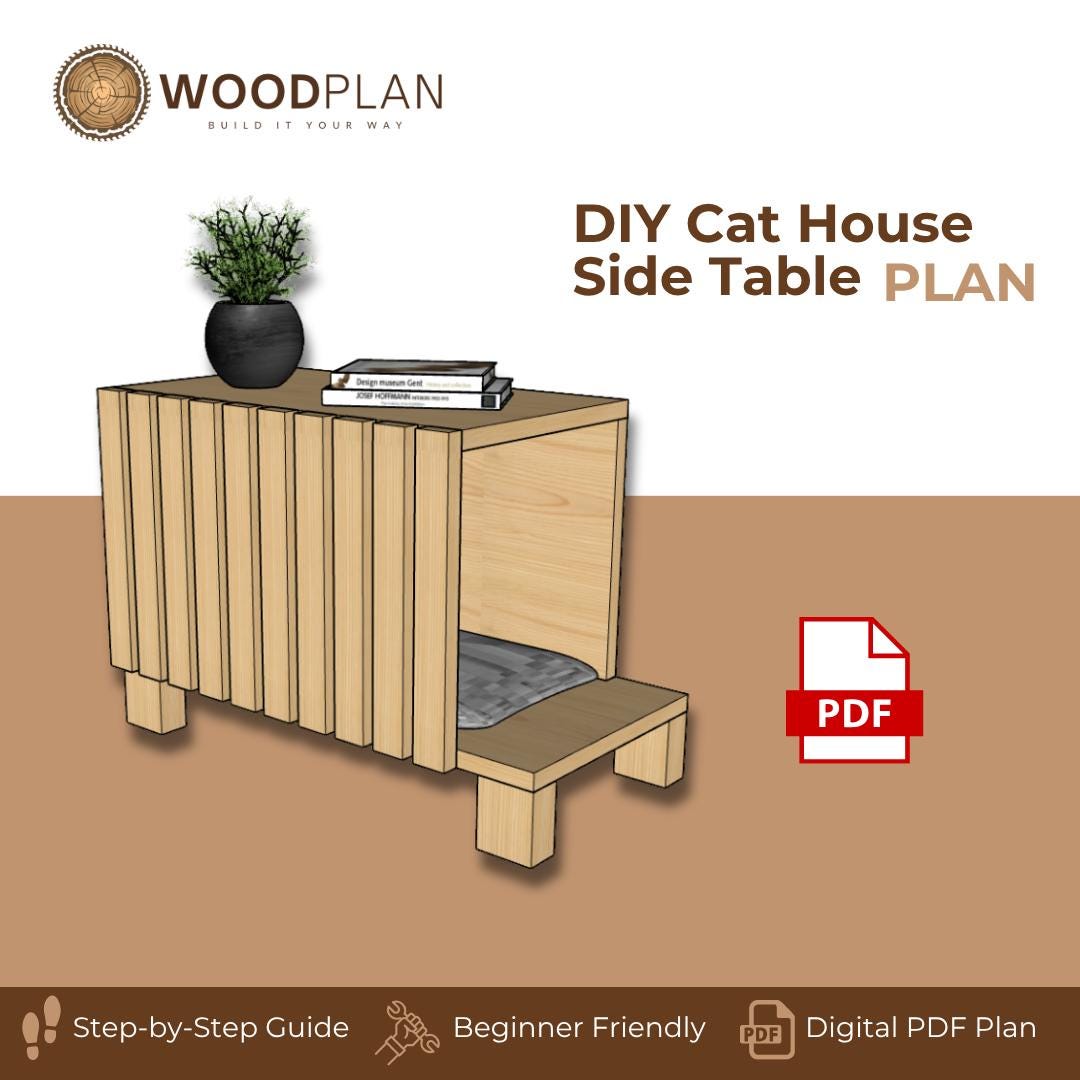 Cat House Side Table Plan: Modern Wood Nightstand with Hideout (PDF)