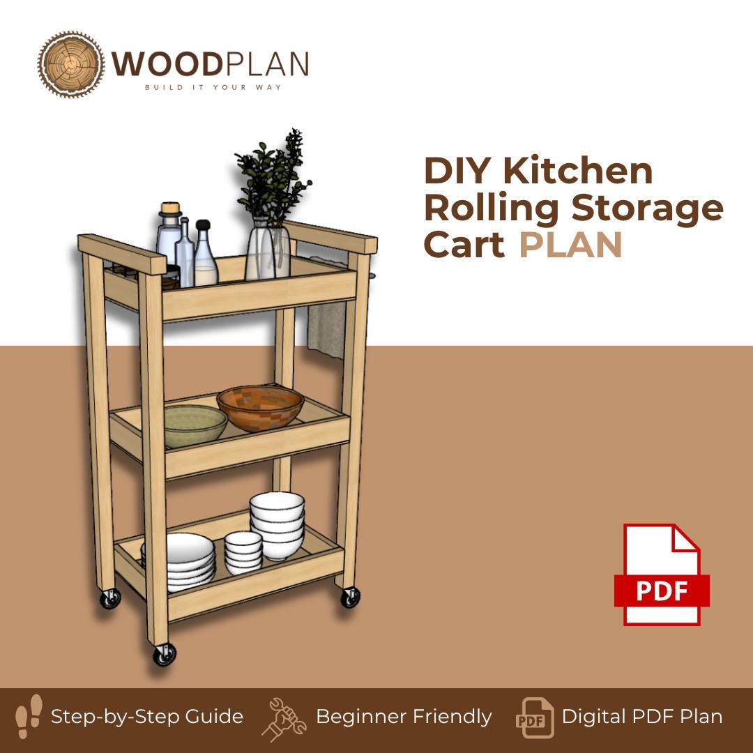 Kitchen Rolling Cart Plan PDF: Slim Three-Shelf Trolley with Towel Bar (Digital Download)
