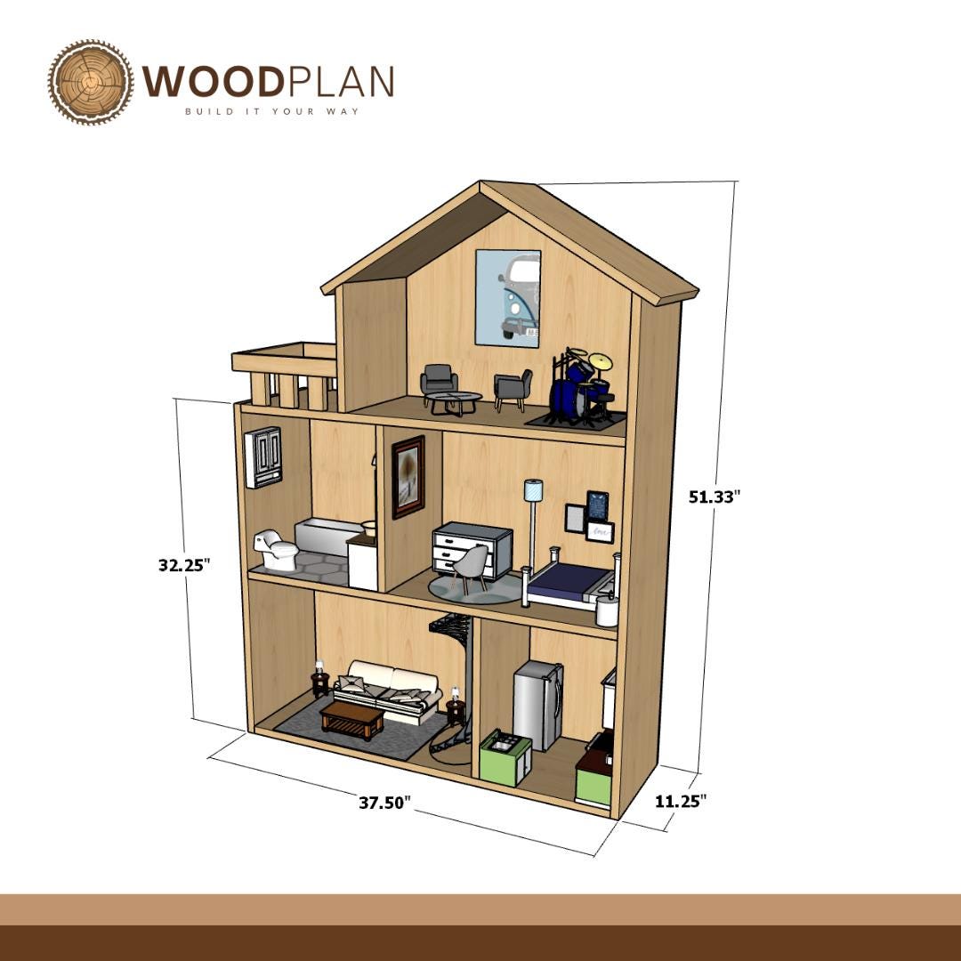 Dollhouse Plan PDF: Three-Level Modern Design with Balcony (Digital Download)