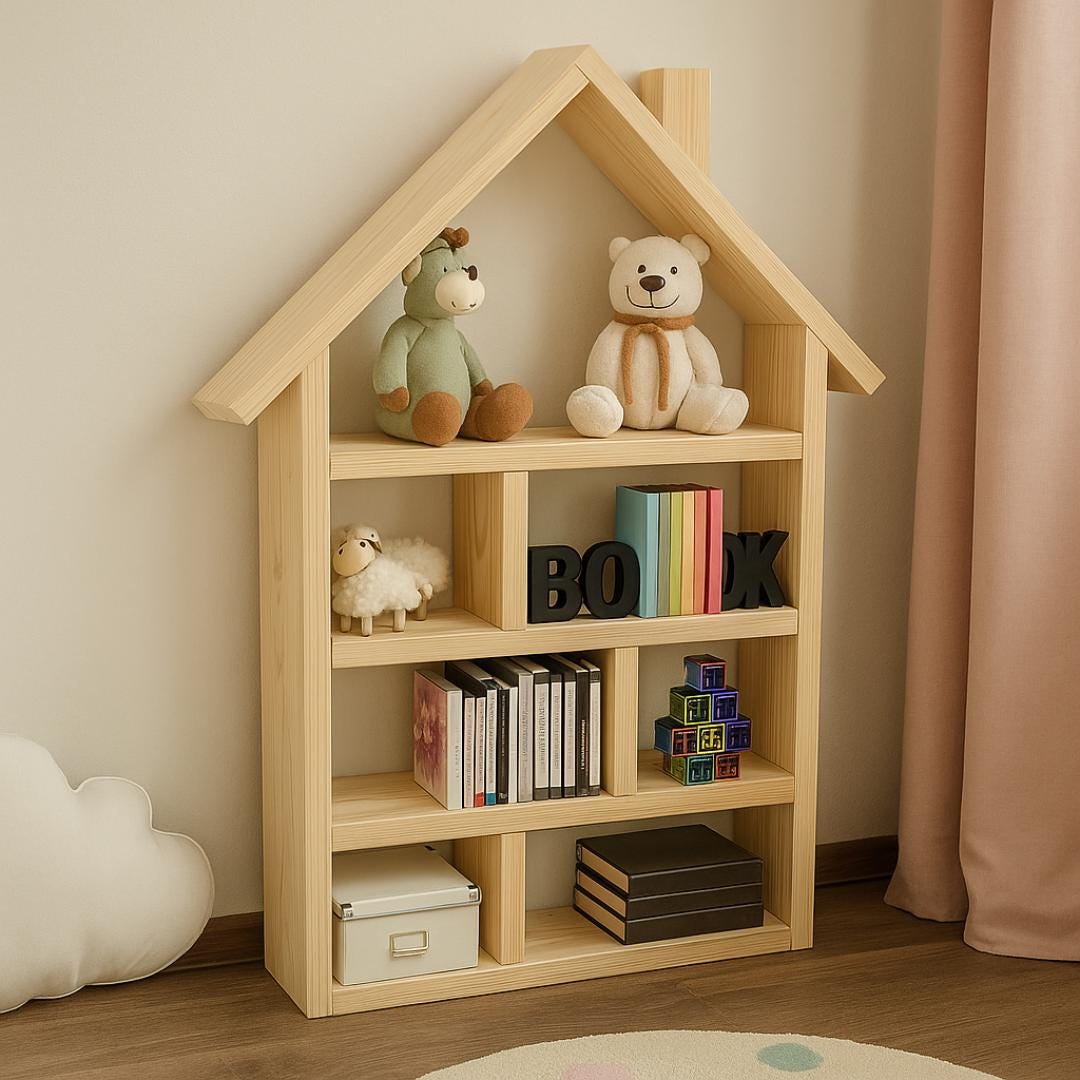 Kids Dollhouse Bookcase Plan PDF | House‑Shaped Shelf for Books and Toys | Beginner DIY