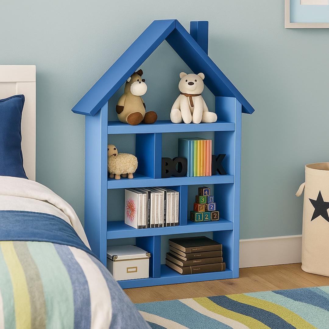 Kids Dollhouse Bookcase Plan PDF | House‑Shaped Shelf for Books and Toys | Beginner DIY