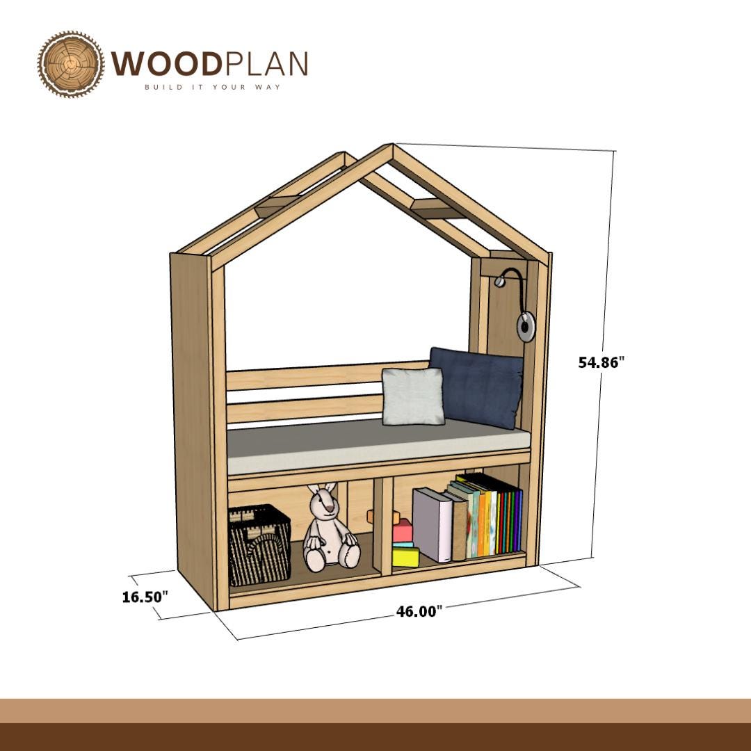 Kids Reading Nook Plan PDF: House-Frame Bench with Book Cubbies (Digital Download)