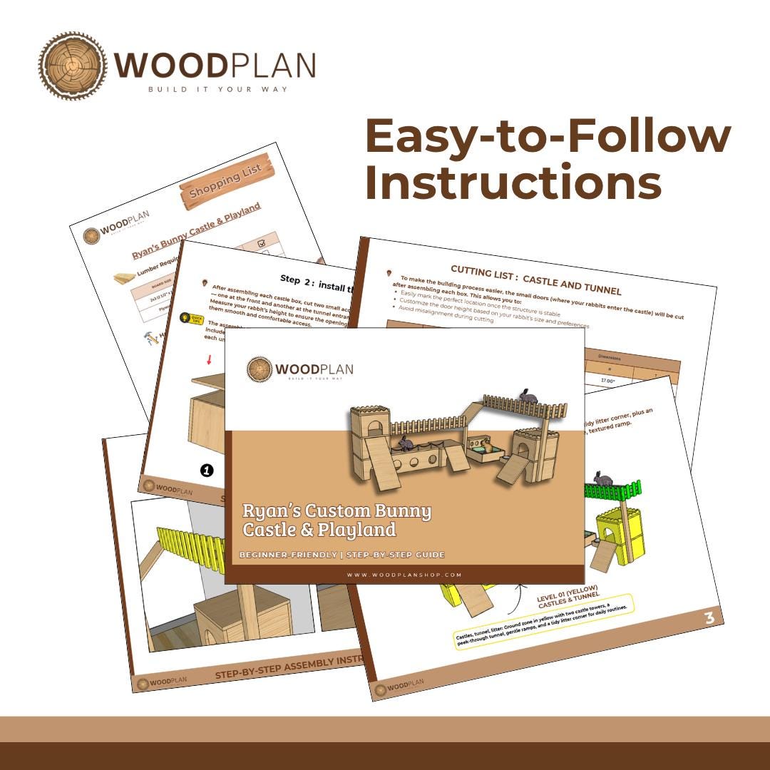 Bunny Playground Plan PDF | Castles, Tunnel Run, Window Perch + Rest Deck | Beginner DIY