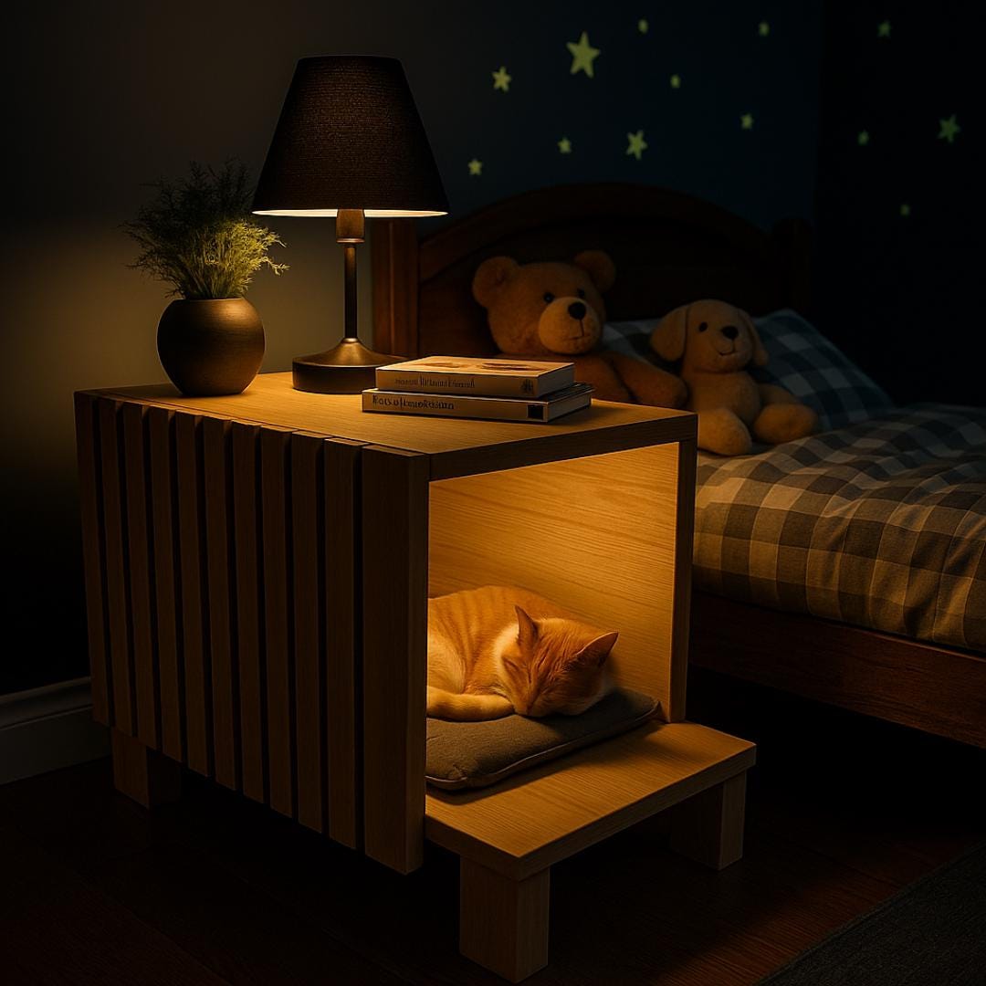 Cat House Side Table Plan: Modern Wood Nightstand with Hideout (PDF)