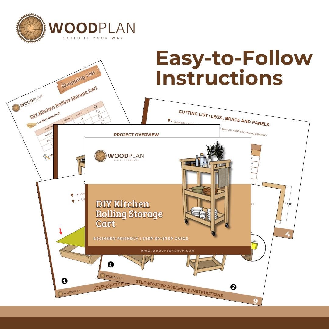 Kitchen Rolling Cart Plan PDF: Slim Three-Shelf Trolley with Towel Bar (Digital Download)