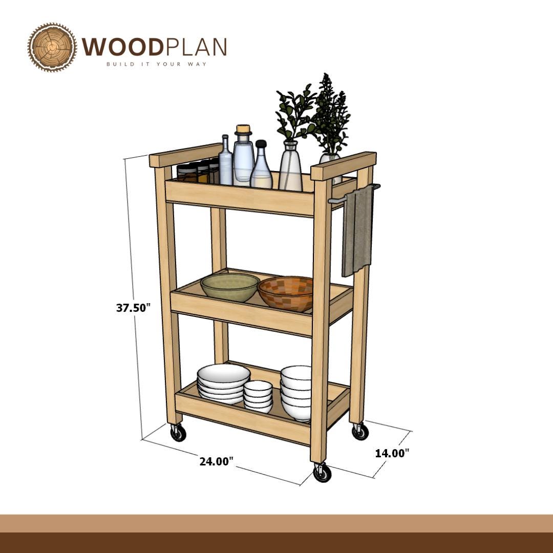 Kitchen Rolling Cart Plan PDF: Slim Three-Shelf Trolley with Towel Bar (Digital Download)