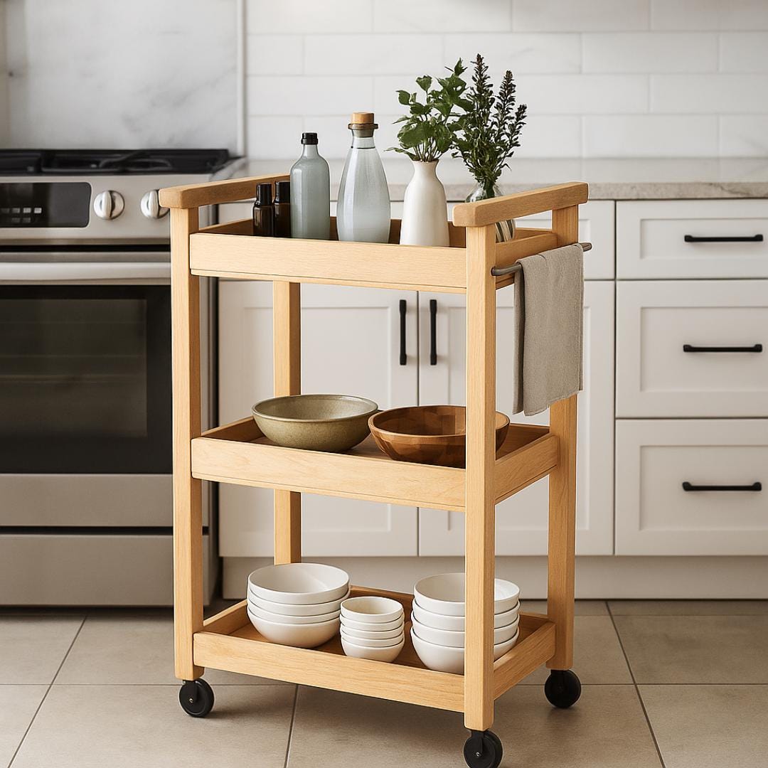 Kitchen Rolling Cart Plan PDF: Slim Three-Shelf Trolley with Towel Bar (Digital Download)
