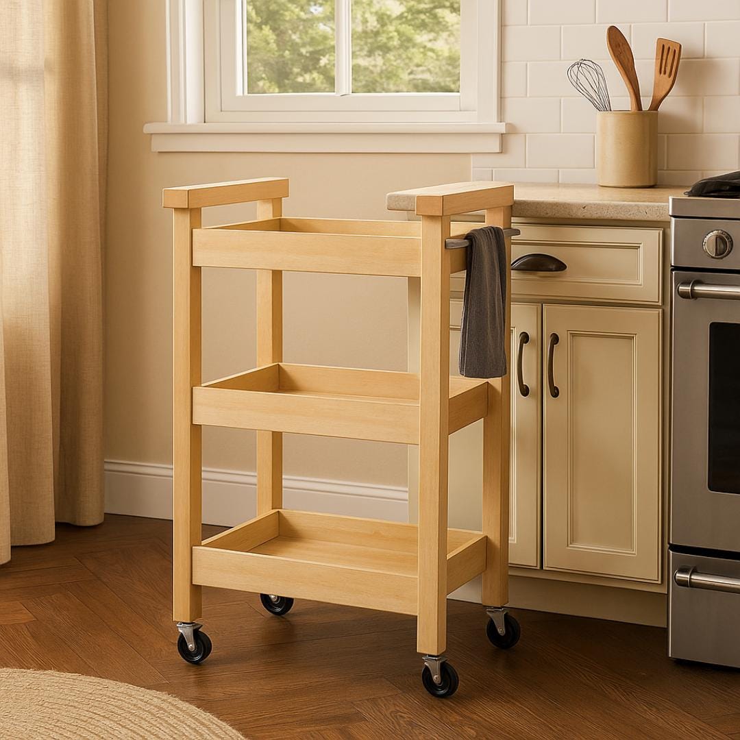 Kitchen Rolling Cart Plan PDF: Slim Three-Shelf Trolley with Towel Bar (Digital Download)