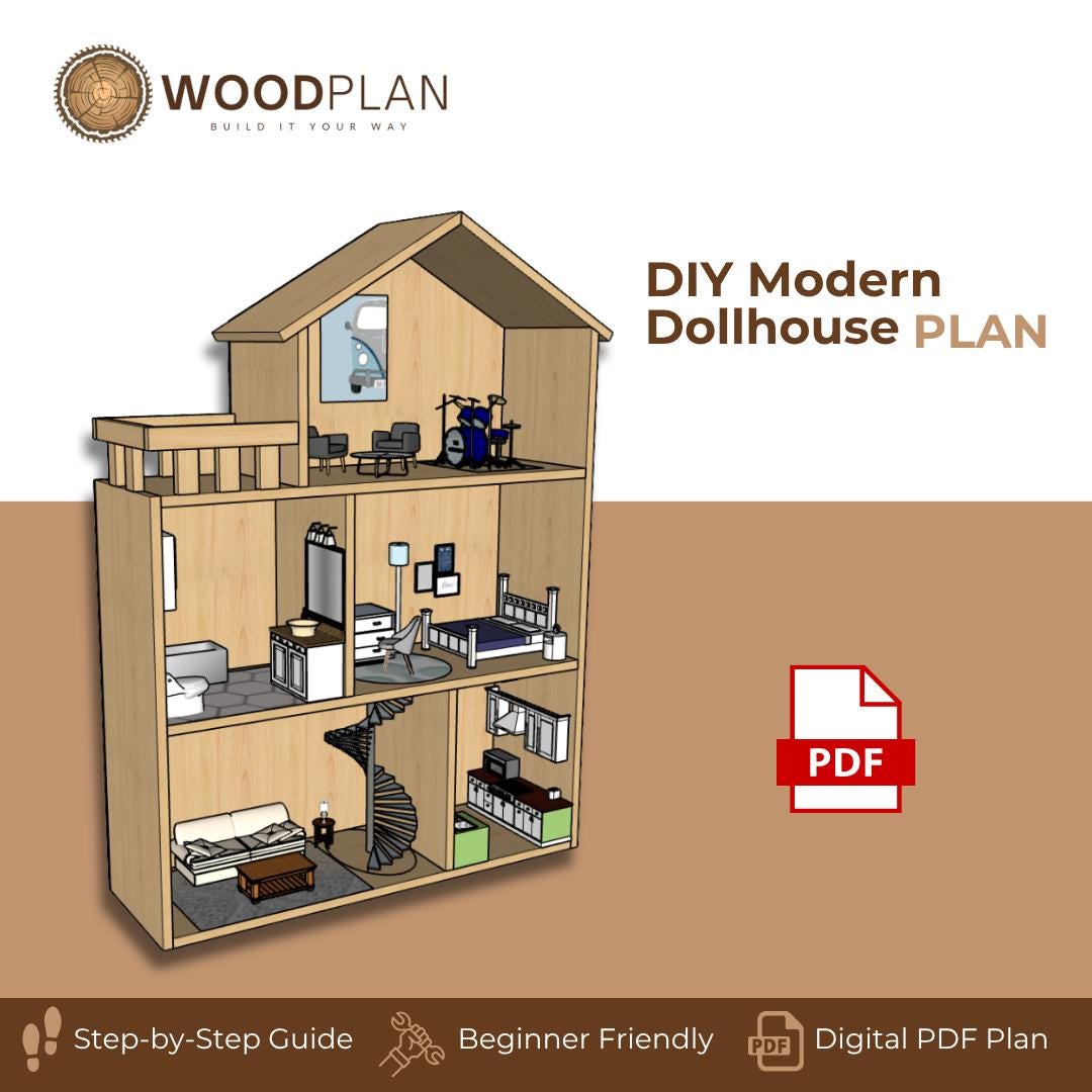 Dollhouse Plan PDF: Three-Level Modern Design with Balcony (Digital Download)