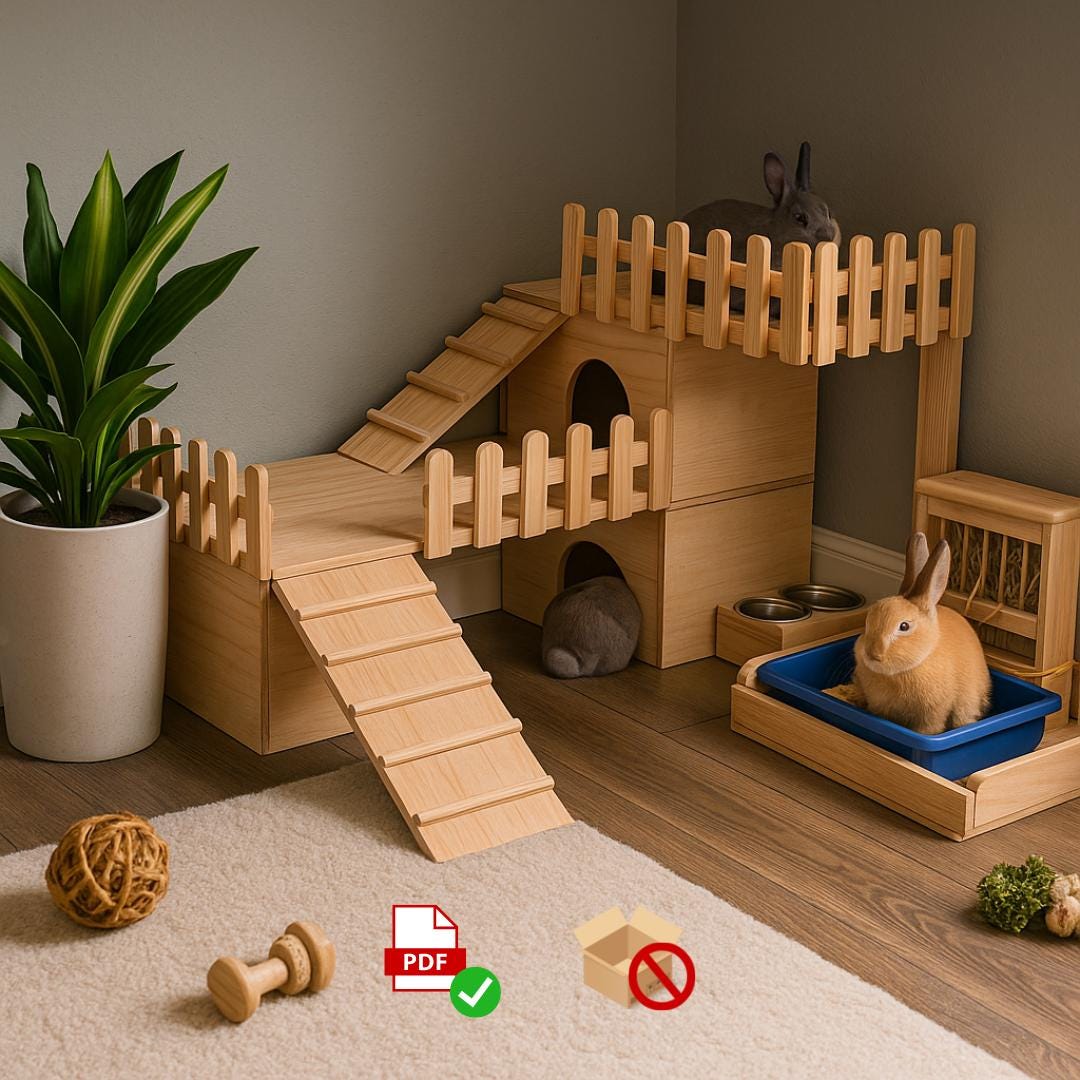 Bunny Habitat Plan | Two-Level Hideout with Feeder Deck (Digital Download)