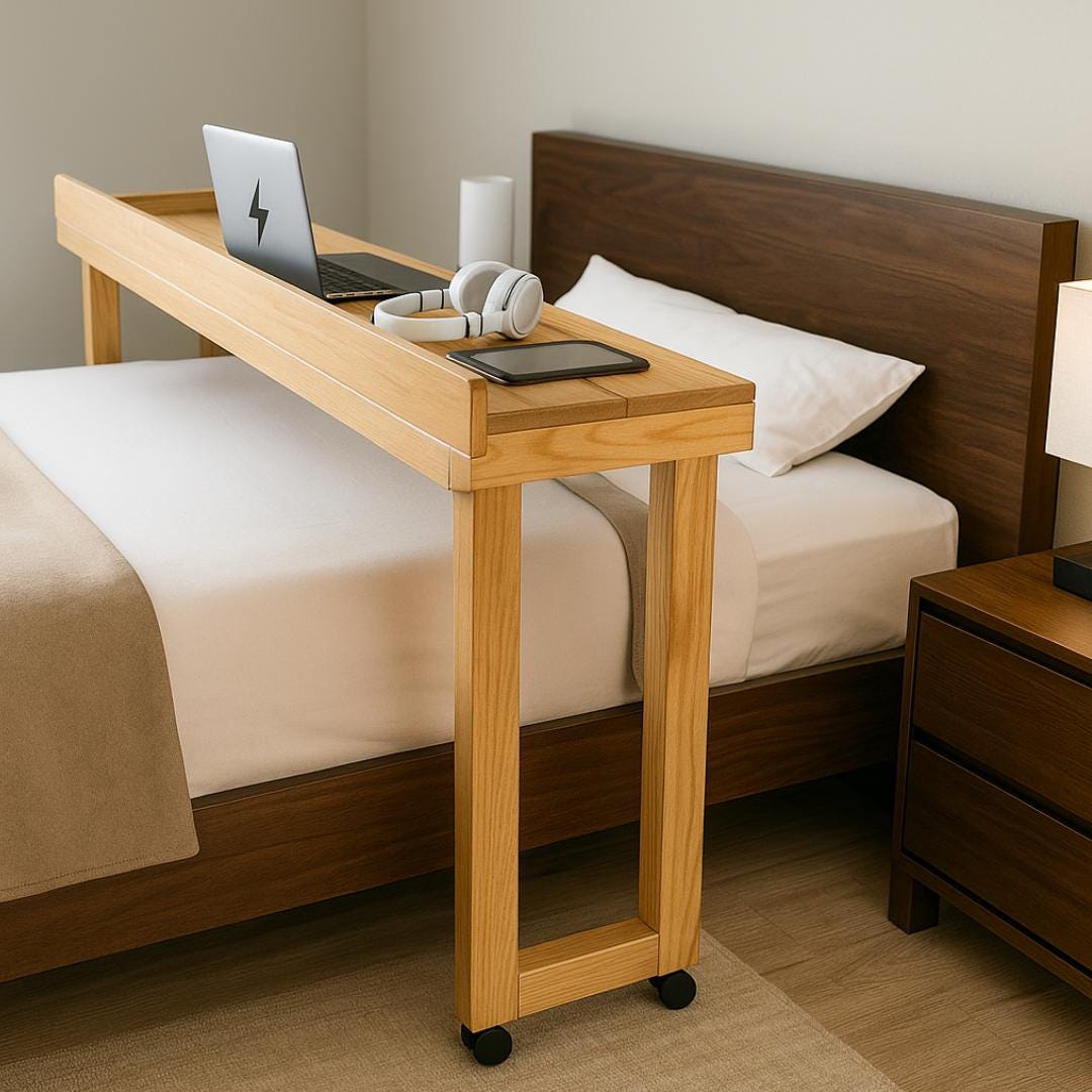Overbed Table Plan PDF | Rolling Bed Desk, Side Rails, Locking Casters
