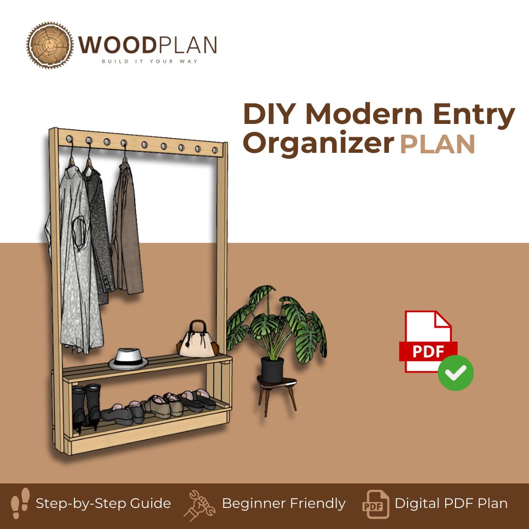 Modern Entry Organizer Plan | DIY Coat Rack & Shoe Bench | Renter Friendly Woodworking PDF