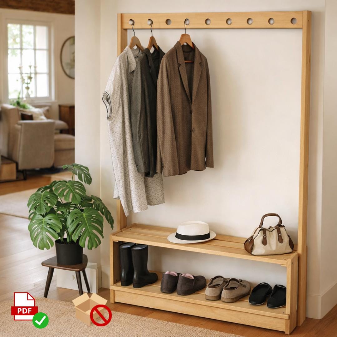 Modern Entry Organizer Plan | DIY Coat Rack & Shoe Bench | Renter Friendly Woodworking PDF