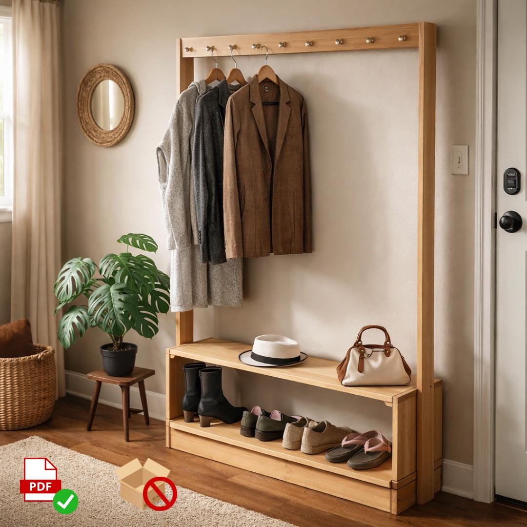 Modern Entry Organizer Plan | DIY Coat Rack & Shoe Bench | Renter Friendly Woodworking PDF