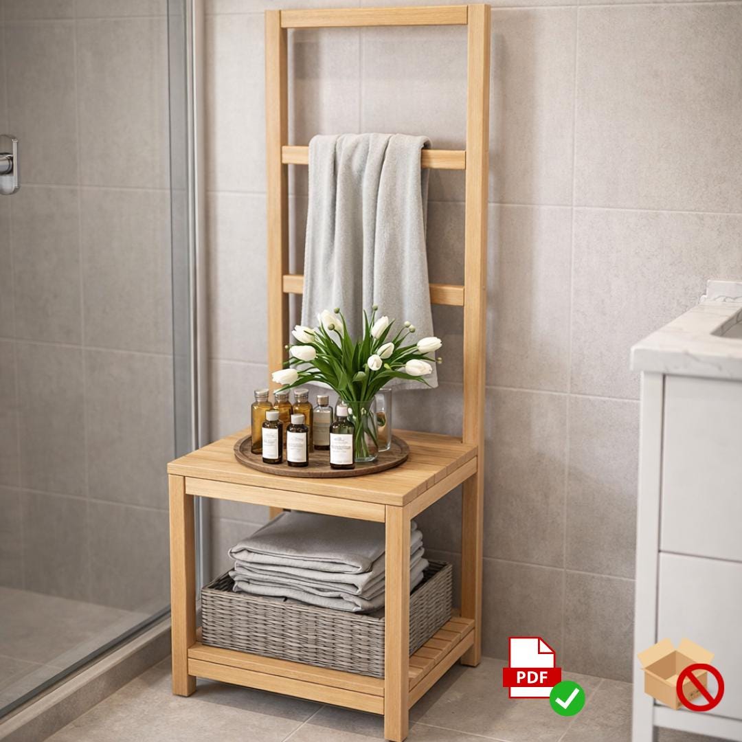 DIY Small Bathroom Storage Plan | Towel Rack Ladder with Bottom Shelf | Woodworking PDF