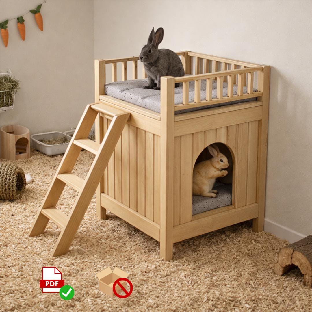 DIY Rabbit Castle Plan PDF | Two‑Story Bunny Hideout & Rooftop Terrace | Woodworking Plan