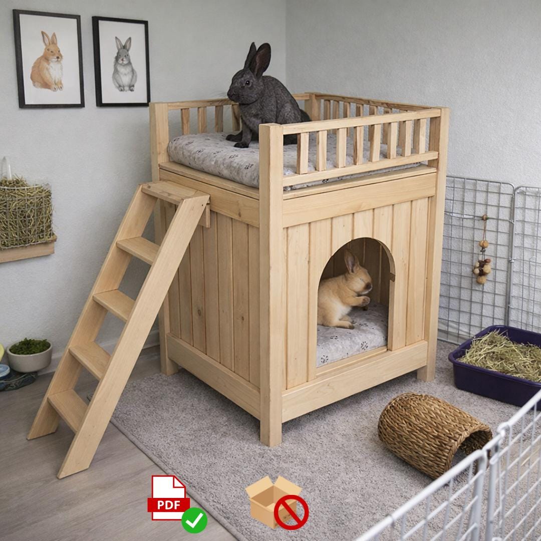DIY Rabbit Castle Plan PDF | Two‑Story Bunny Hideout & Rooftop Terrace | Woodworking Plan