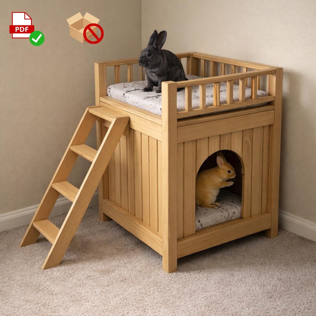 DIY Rabbit Castle Plan PDF | Two‑Story Bunny Hideout & Rooftop Terrace | Woodworking Plan