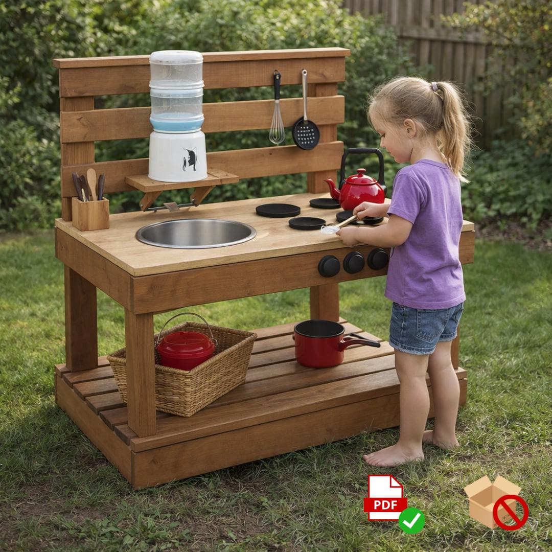 Kids Mud Kitchen Woodworking Plan – Printable DIY Outdoor Play Station