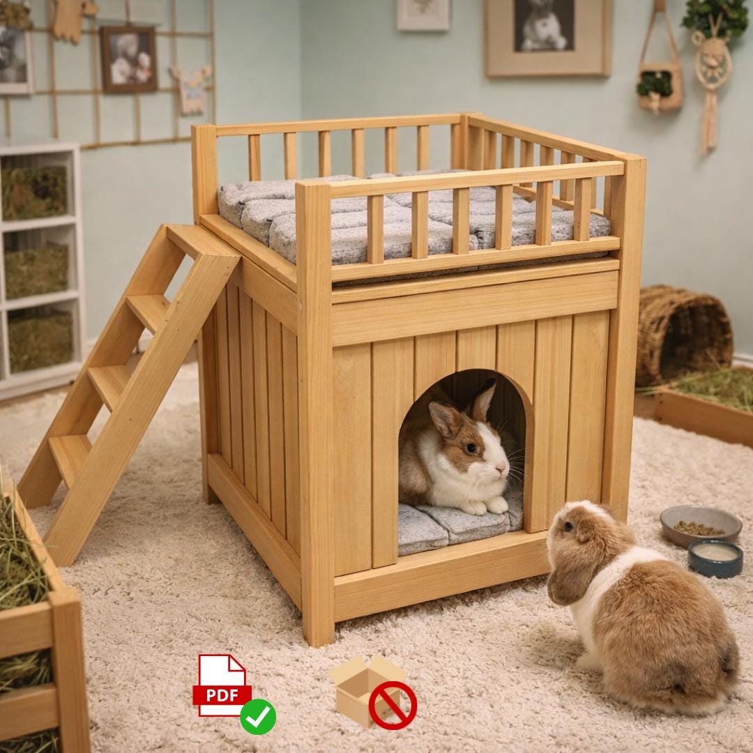 DIY Rabbit Castle Plan PDF | Two‑Story Bunny Hideout & Rooftop Terrace | Woodworking Plan