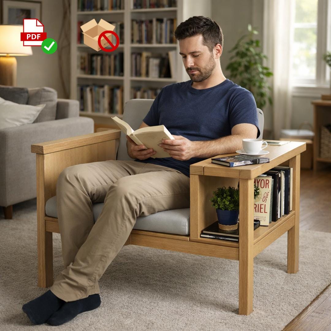 DIY Library Chair Plan | Reading Nook Armchair with Bookshelf (PDF Plan)