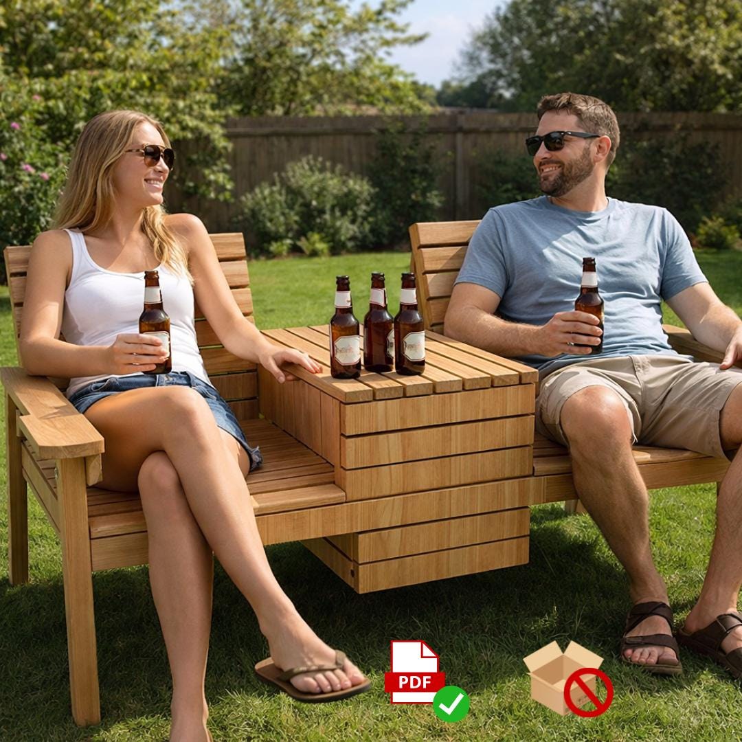 Outdoor 3-in-1 Bench PDF Plan – DIY Double Seating with Hidden Cooler & Flip-Top Table