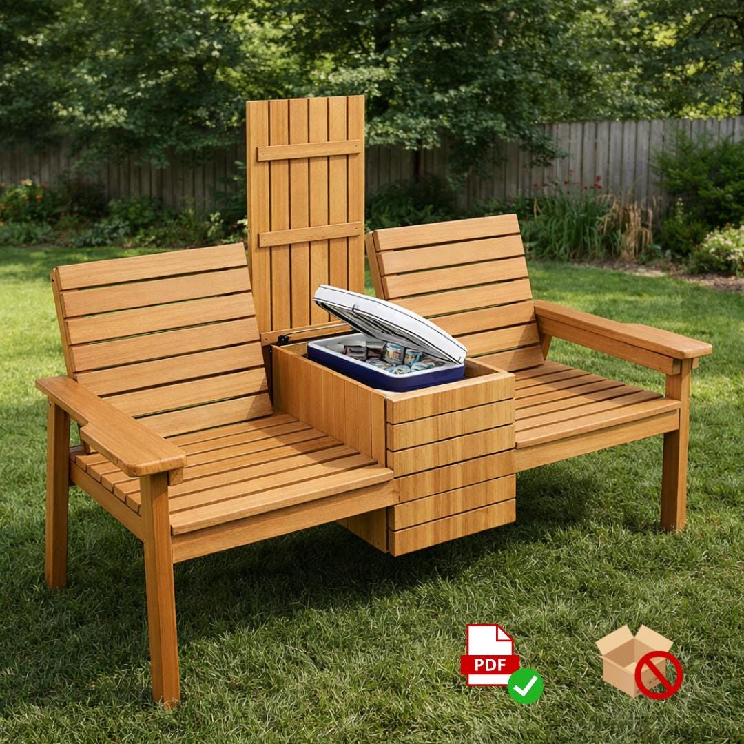 Outdoor 3-in-1 Bench PDF Plan – DIY Double Seating with Hidden Cooler & Flip-Top Table