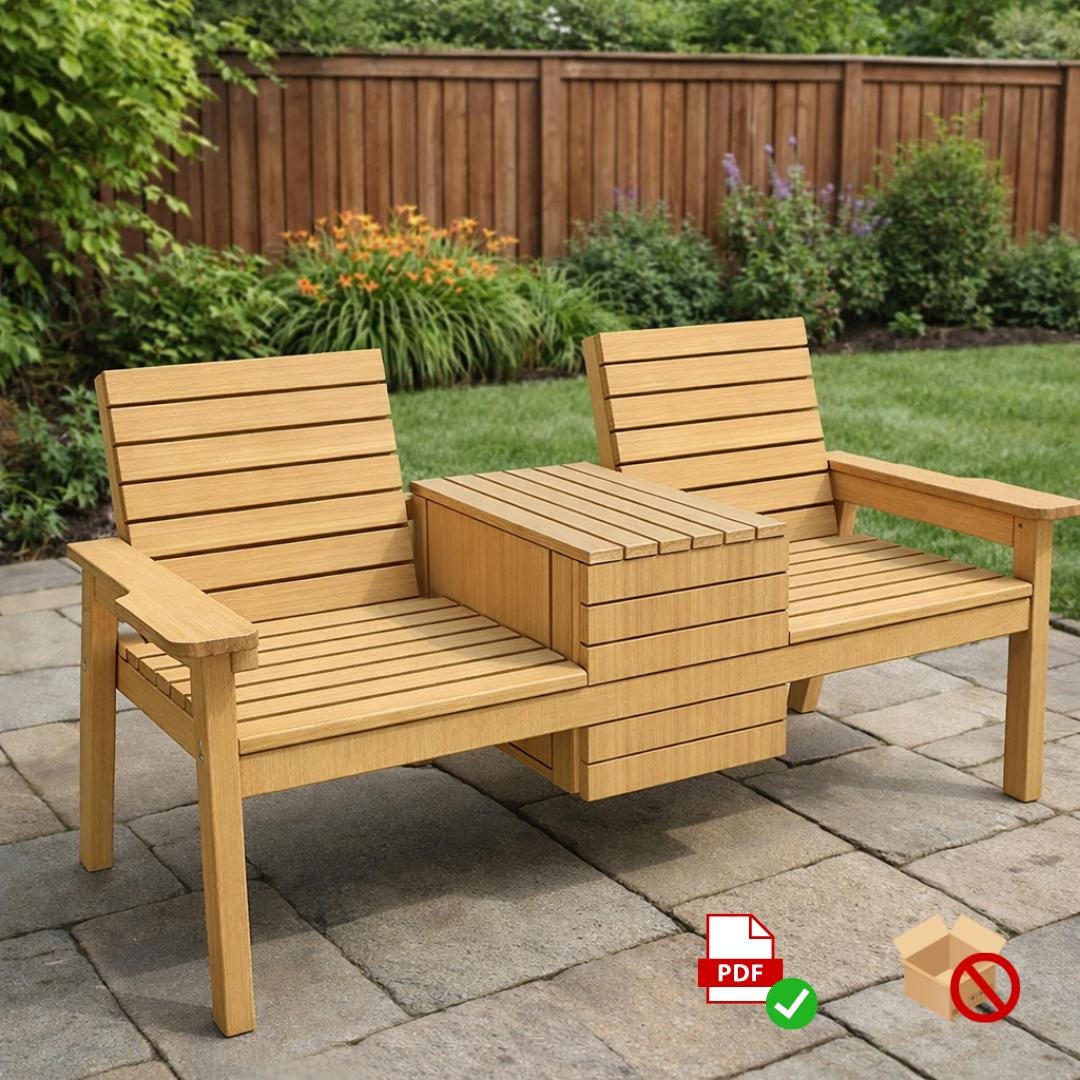 Outdoor 3-in-1 Bench PDF Plan – DIY Double Seating with Hidden Cooler & Flip-Top Table