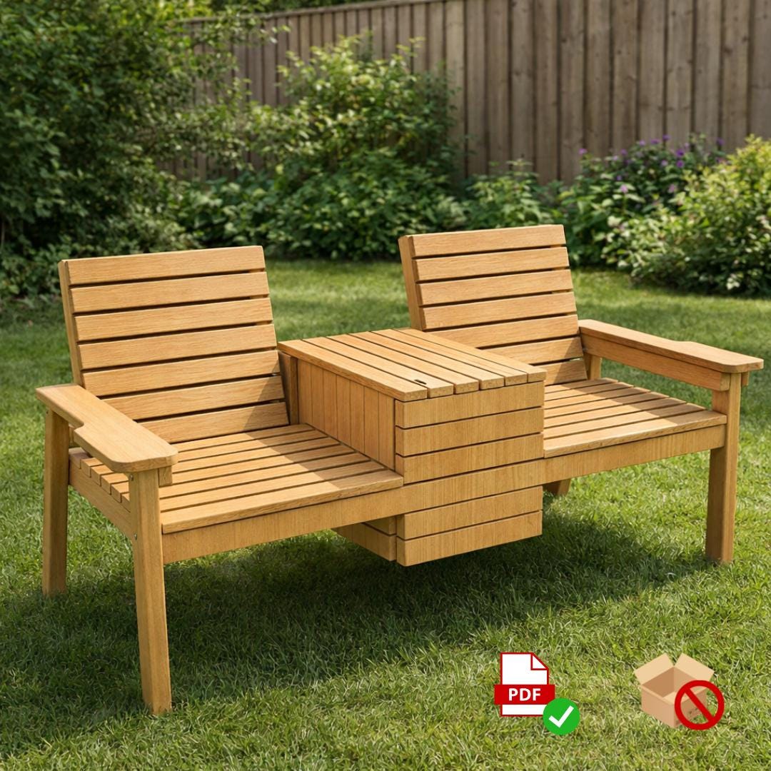 Outdoor 3-in-1 Bench PDF Plan – DIY Double Seating with Hidden Cooler & Flip-Top Table