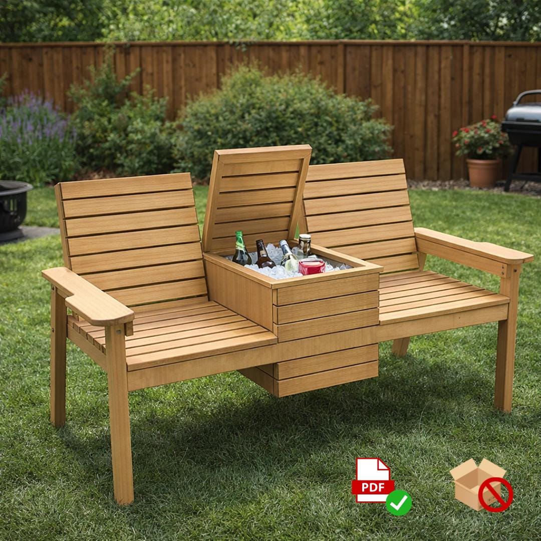 Outdoor 3-in-1 Bench PDF Plan – DIY Double Seating with Hidden Cooler & Flip-Top Table