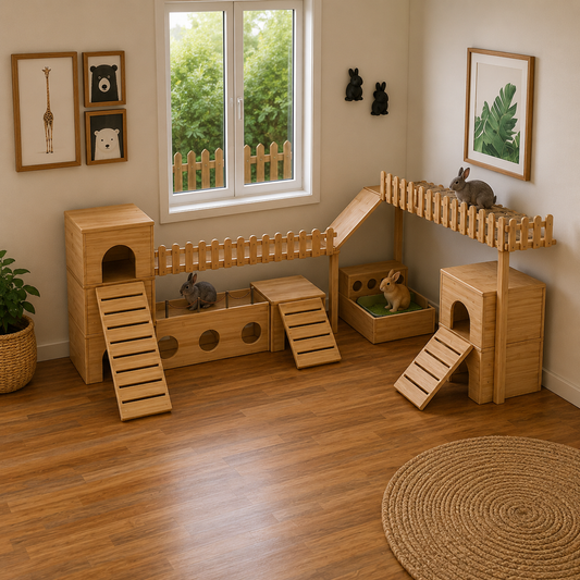 A large wooden multi-level hamster and rabbit playpen set up in a bright room with wood flooring, a window, framed wall art, and a woven rug. Several rabbits are visible inside and on the structures.