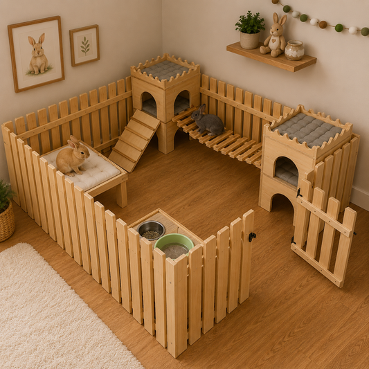 A wooden rabbit enclosure with multiple levels, ramps, platforms, and a detachable gate, shown in a styled room with two rabbits inside. The enclosure is made of light natural wood with gray cushioned platforms.
