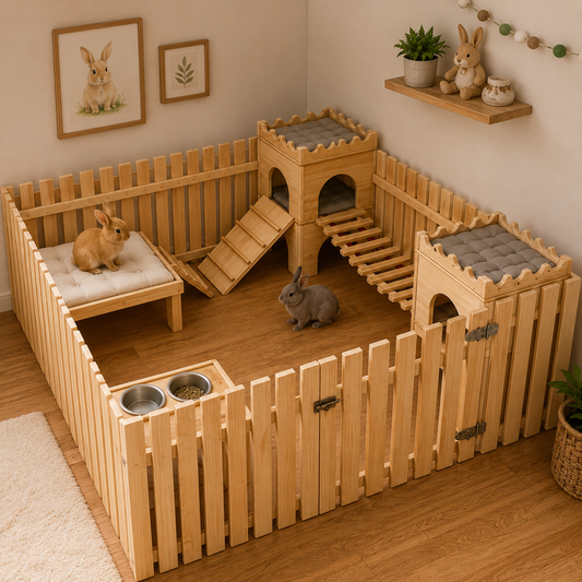A wooden rabbit enclosure with a raised fence, ramps, elevated platforms, and two metal bowls, shown in a styled room with two rabbits inside. The scene includes wall decor, a shelf with small plants and rabbit figurines, and a rug.